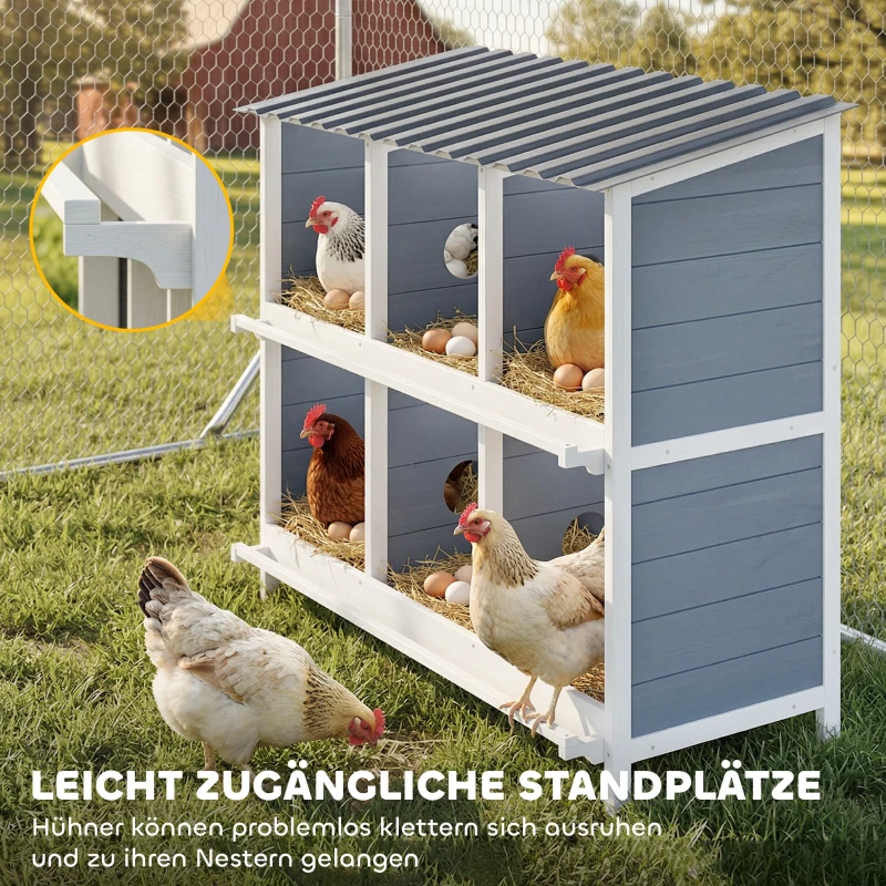 PawHut Legenest für Hühner, erhöhtes Hühnernest aus Holz mit 6 Fächer, 2 Sitzstangen für Kleintierstall 102 x 50 x 91 cm, Grau