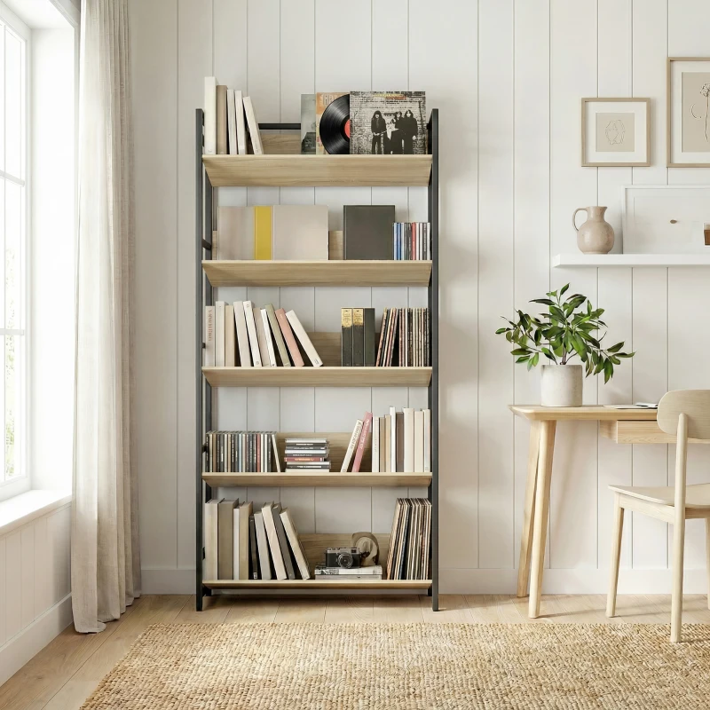 HOMCOM Bookshelf 5-Tier Metal Frame Bookcase Storage Shelves for Living Room Oak