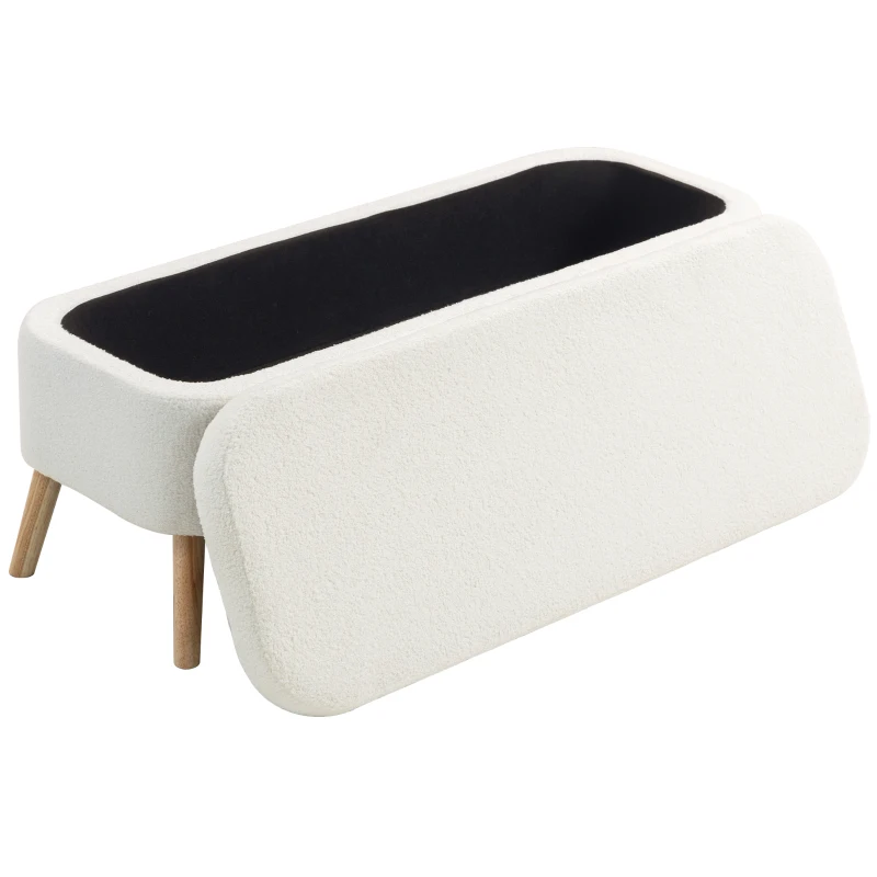 HOMCOM Banco de armazenamento, banco com 65 L de espaço, tecido Teddy-Fleece, madeira de seringueira, 120 x 42 x 45 cm, Creme branco