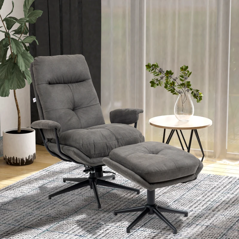 HOMCOM Poltrona de Relax com Otomana, Poltrona com Puff, Encosto Reclinável; Microfibra, Cinza Escuro