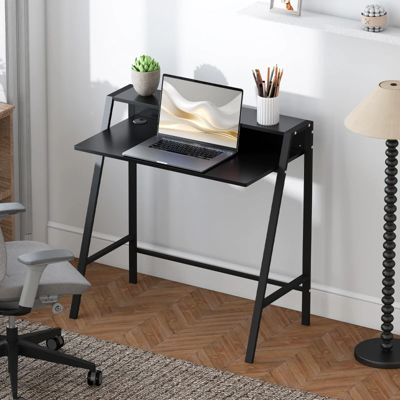 HOMCOM Mesa de escritório, mesa para computador com prateleira e gestão de cabos, mesa moderna com estrutura metálica para escritório, quarto, home office, 84 x 45 x 85 cm, Preto