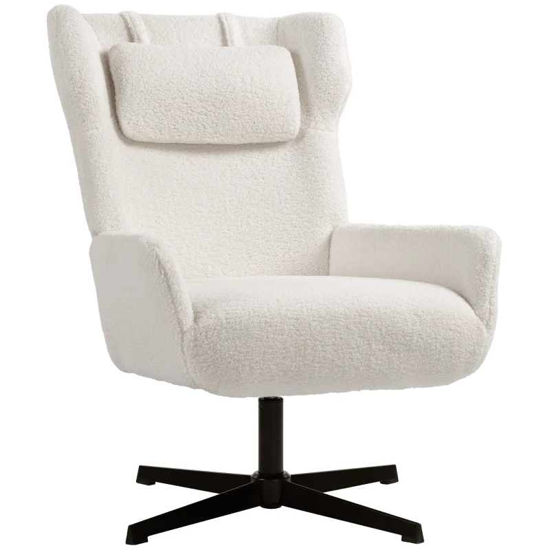 HOMCOM Poltrona de destaque, Poltrona estofada com revestimento de fleece, Base giratória, Estrutura metálica, Creme branco