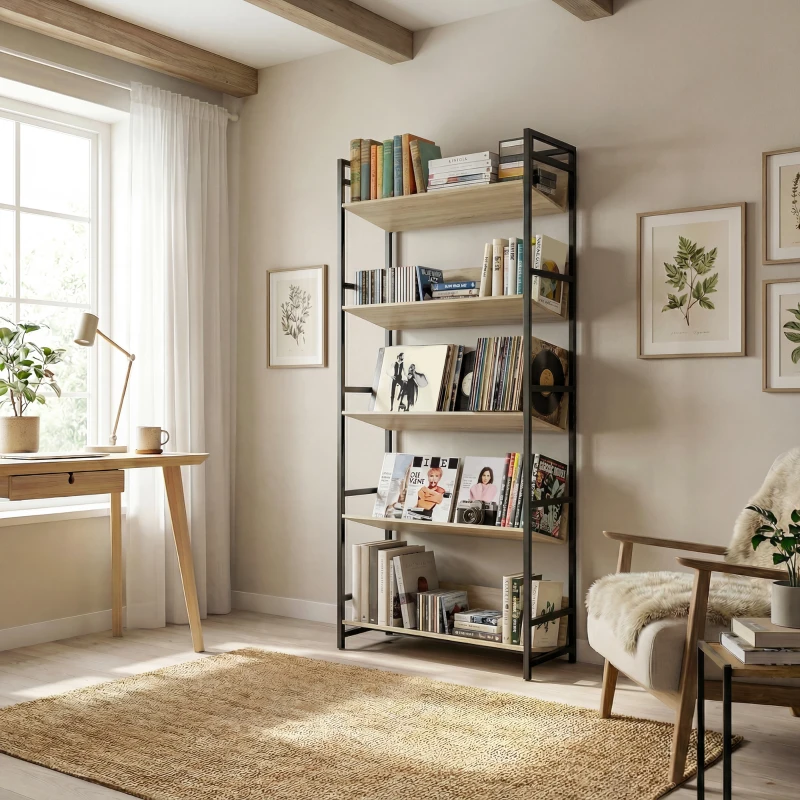 HOMCOM Bookshelf 5-Tier Metal Frame Bookcase Storage Shelves for Living Room Oak