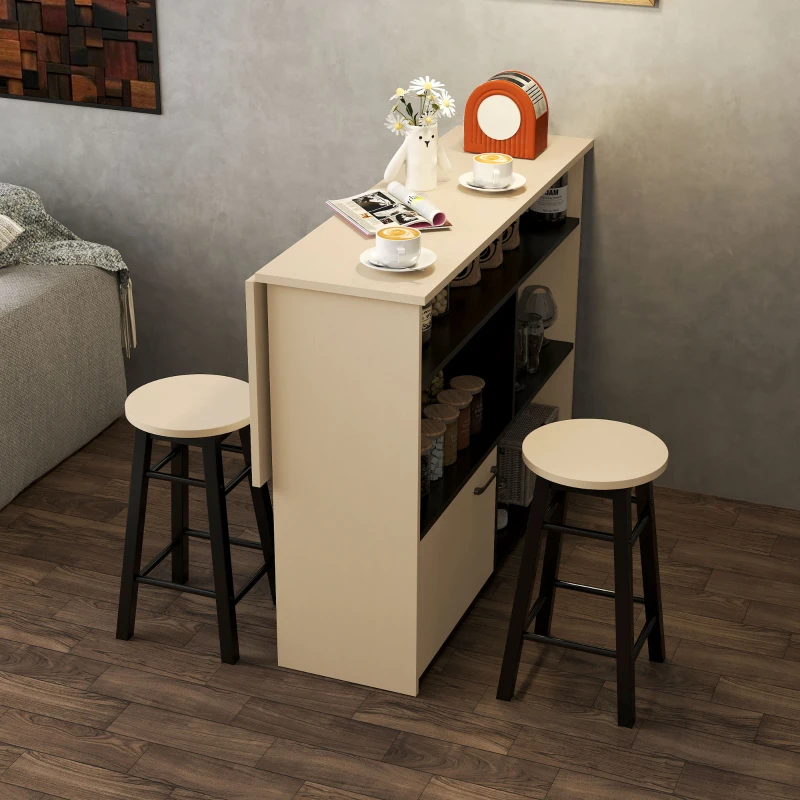 HOMCOM Conjunto de bar 3 peças, mesa de bar com tampo dobrável, 2 bancos, 6 compartimentos de arrumação, preto+carvalho, 116 x 70 x 89,5 cm