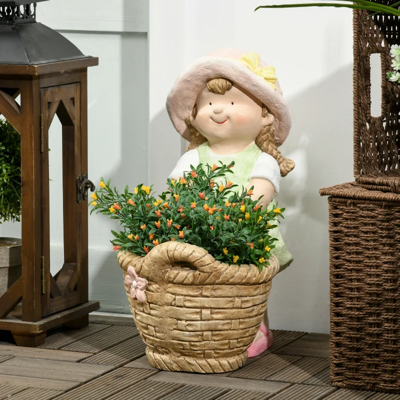 Outsunny Figura de Jardim \"Menina com Cesto de Flores\", Decoração de Jardim, resistente às intempéries, 20 cm x 30 cm x 40 cm