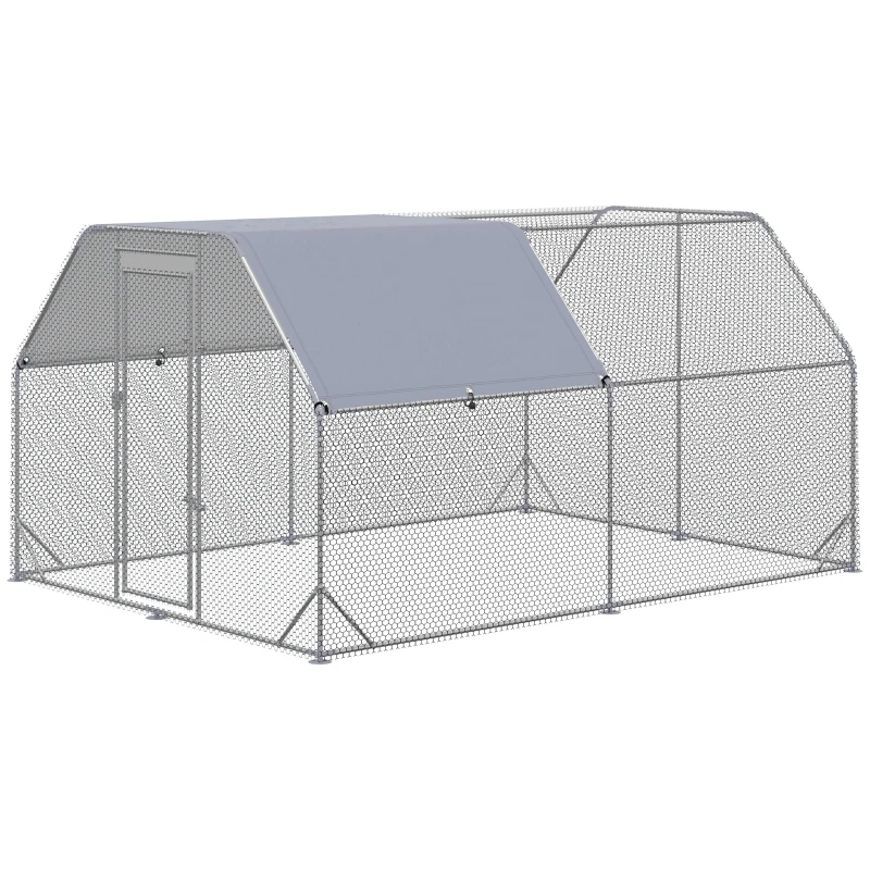 PawHut Gallinero para Exterior Grande 2,8x3,8x1,95 m Jaula de Gallinas de 2 Habitaciones Cubierta de Tela Oxford Anti-UV Plata