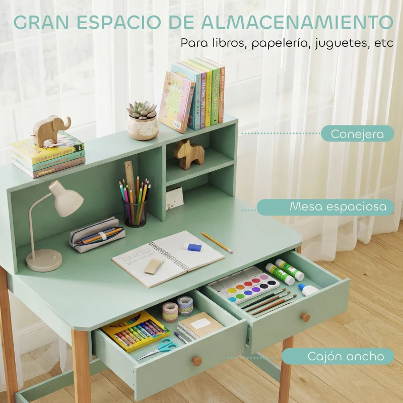 AIYAPLAY Escritorio Infantil Mesa de Escritorio para Niños con 3 Compartimentos Abiertos y 2 Cajones 90x52x105 cm Verde