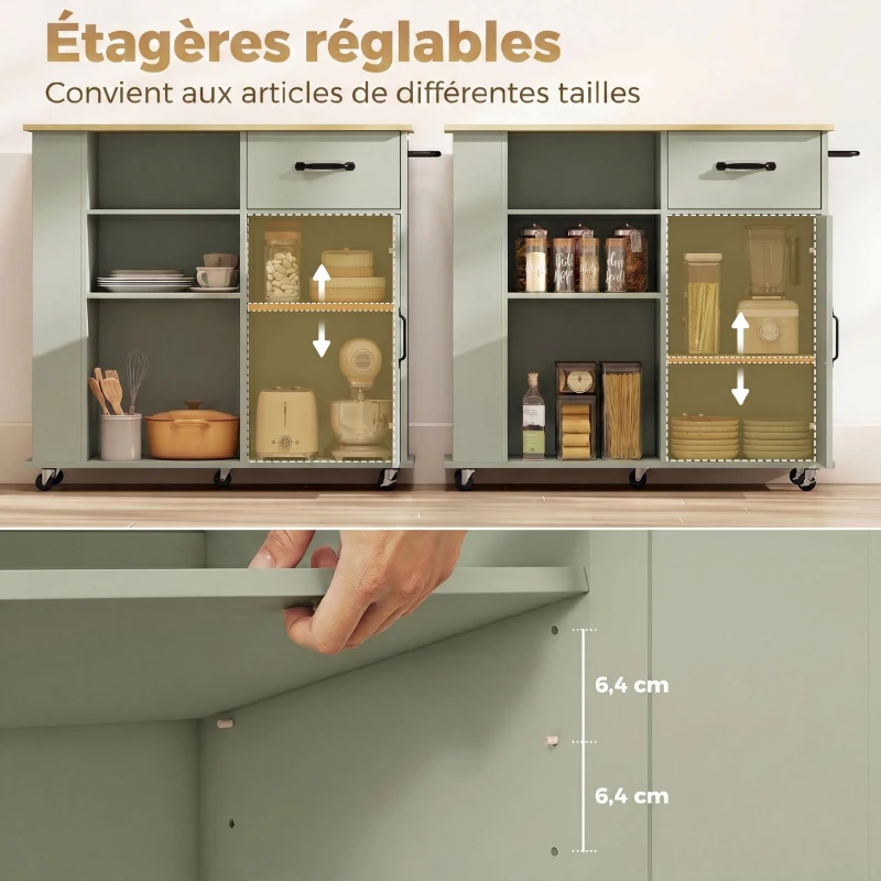 HOMCOM Desserte de cuisine à roulettes, îlot central cuisine avec tiroir, porte, compartiments ouverts et porte-épices, vert