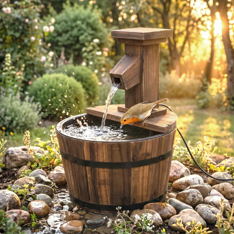 Outsunny Fonte elétrica para jardim ao ar livre com balde de madeira torneira bomba bacia decorativa fonte de ambiente jogo de água cascata para jardim relvado Ø27 x 37 cm carbonizada