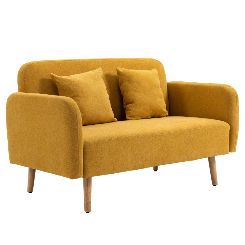 HOMCOM Sofá 2 lugares com 2 almofadas decorativas, Loveseat pequeno com acabamento em veludo, Sofá estofado moderno para sala de estar, quarto, espaços pequenos, Amarelo 130 x 70 x 80 cm