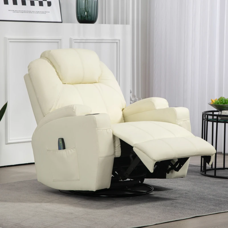 HOMCOM Poltrona relax com função de massagem, encosto reclinável, giratória, até 150 kg, couro sintético, Creme branco
