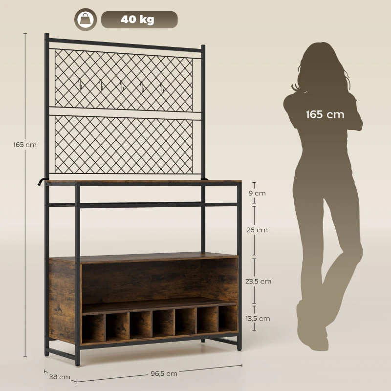 HOMCOM Estante de cozinha com superfície de trabalho, painéis de malha metálica, 5 ganchos, armário de cozinha para temperos, panelas, frigideiras, marrom