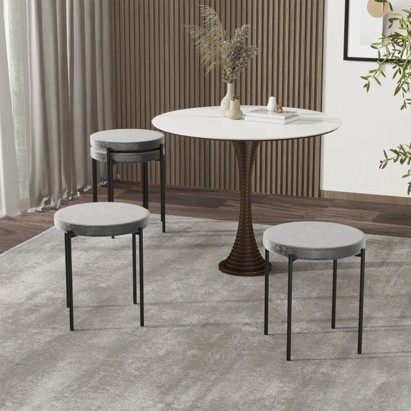HOMCOM Banquetas para Sala de Jantar Conjunto de 4, Banquetas Empilháveis em Metal com Acabamento em Veludo, Banquetas Estofadas para Cozinha e Sala, Cinza