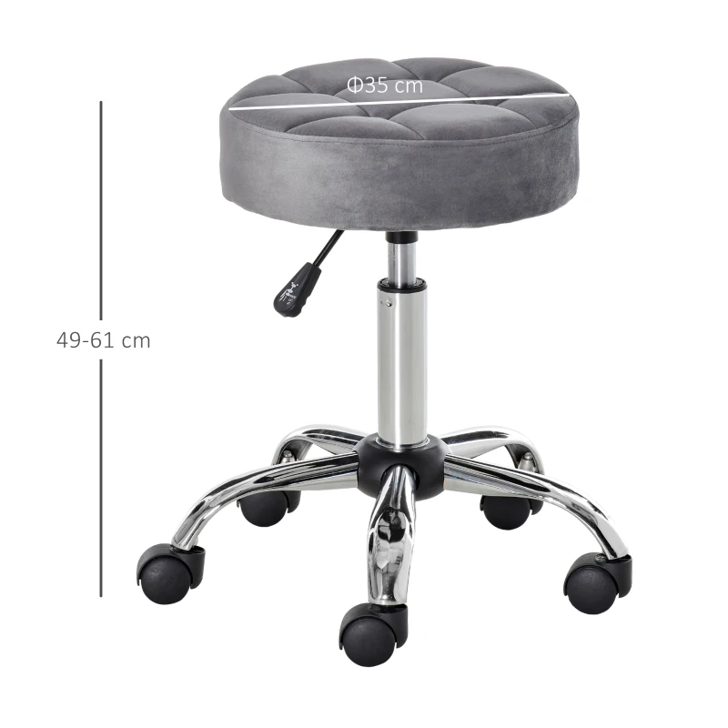 HOMCOM Banco de salão com rodas Banqueta giratória regulável em altura Toque de veludo Espuma Base cromada Cinzento claro 35 x 35 x 49-61 cm