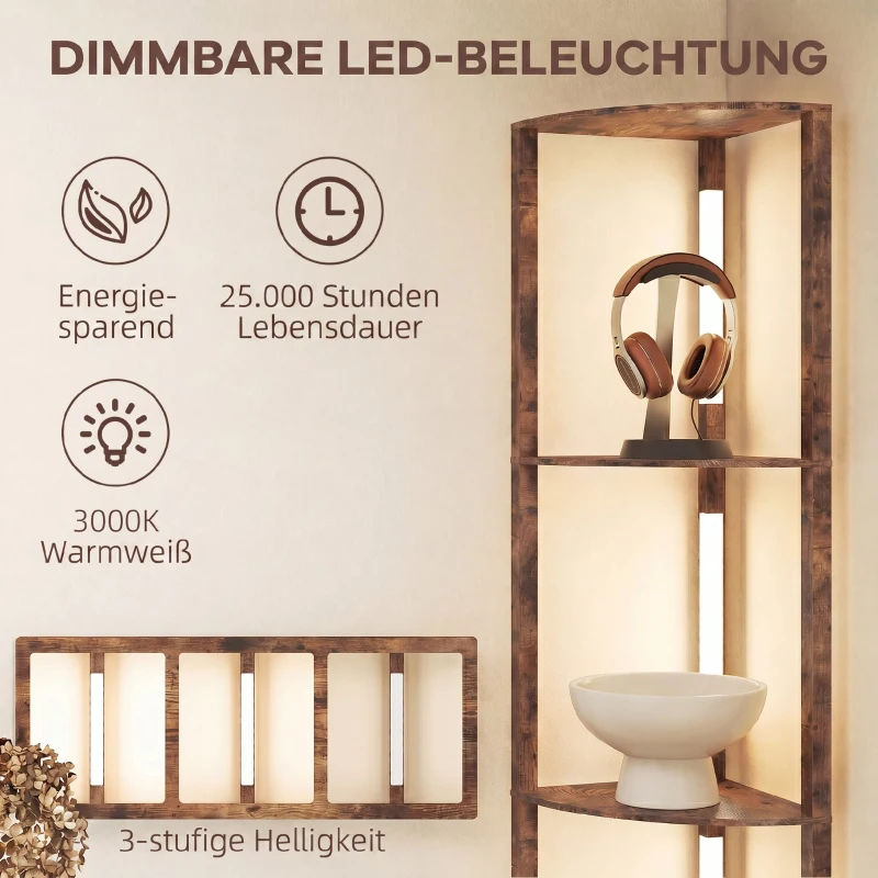 HOMCOM LED vloerlamp met planken, 5-laags dimbaar, moderne vloerlamp met 3 helderheidsstanden en voetschakelaar, rustiek bruin