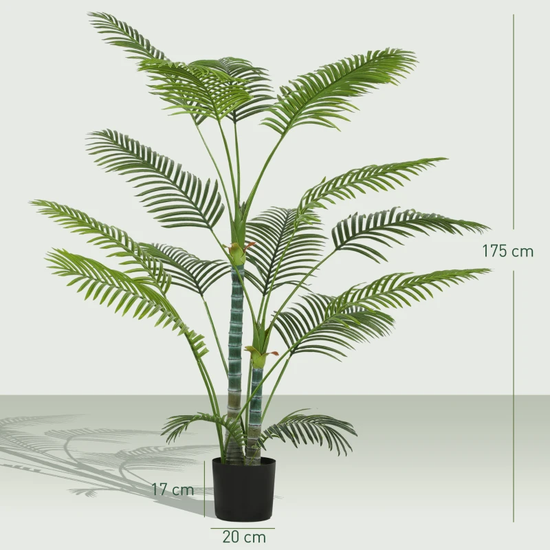 HOMCOM Palmeira Artificial com 16 folhas de plástico, planta artificial resistente a UV com vaso de plástico, para interior e exterior, verde