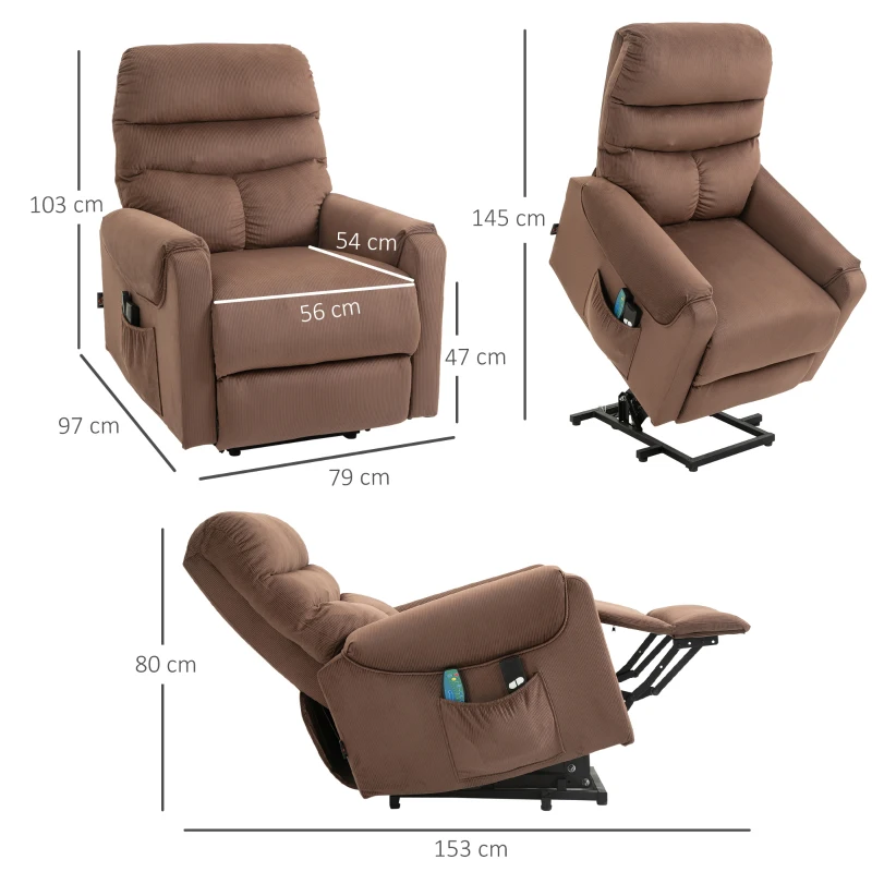 HOMCOM Poltrona de TV Elevatória Elétrica, Poltrona de Massagem com Função de Reclinar e Aquecimento, Poltrona Relax Ajustável com Controle Remoto e Bolso Lateral Tecido de Poliéster Marrom