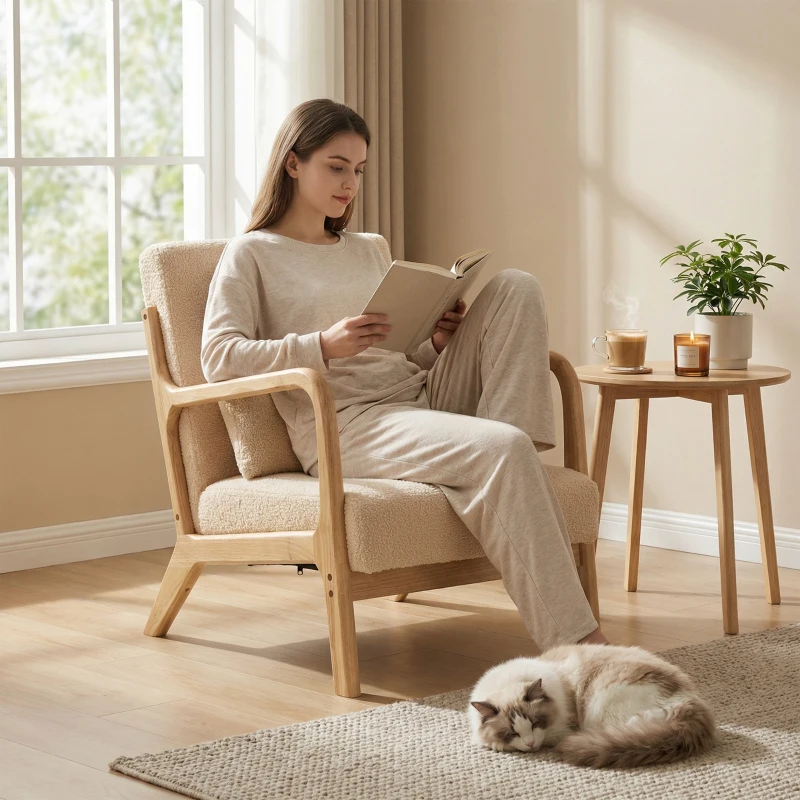 HOMCOM Fauteuil lounge - 3 coussins inclus - assise profonde - accoudoirs - structure bois hévéa - aspect velours beige