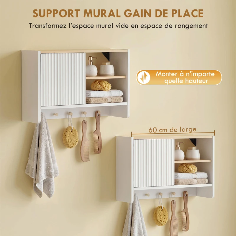 HOMCOM Armoire murale de salle de bain, meuble de rangement de salle de bains avec porte, étagères ouvertes et 5 crochets