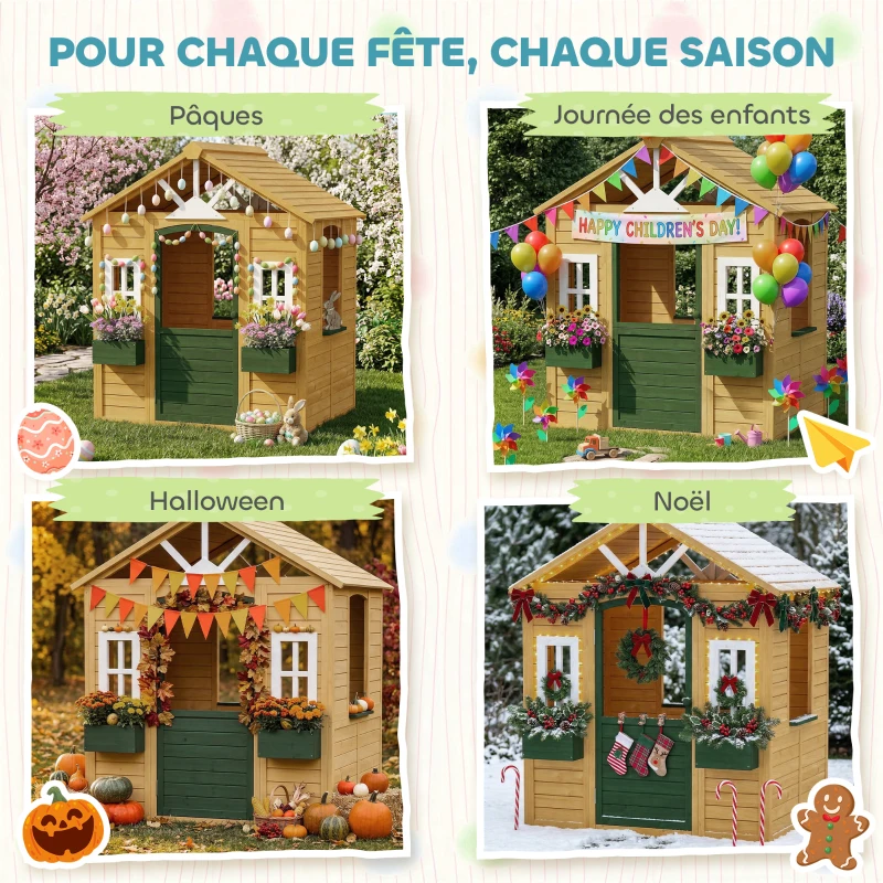 AIYAPLAY Cabane enfant extérieur en bois, maison enfant extérieure avec porte, fenêtres, 2 bacs à fleurs, 134,5x97x150cm, marron
