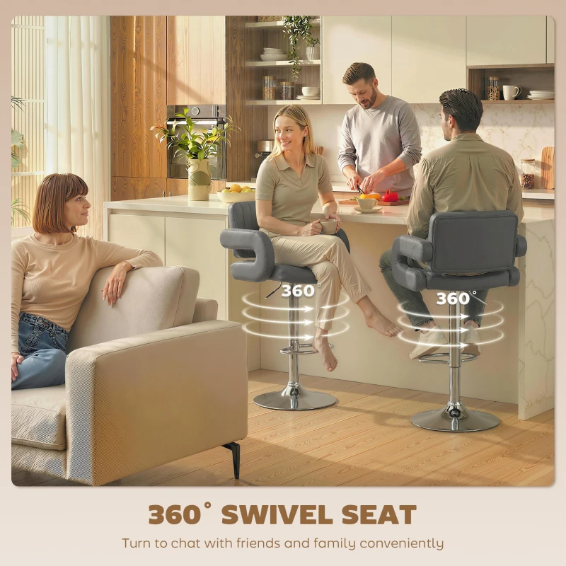 HOMCOM Bar Stools Adjustable Swivel Kitchen Chairs with Backrest Armrest Set of 2 PU Leather Grey