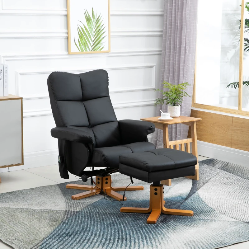HOMCOM Poltrona de massagem com puff, Poltrona relax reclinável 145° com função de massagem, Espaço de arrumação, Couro sintético, 80 x 86 x 99 cm, Preto