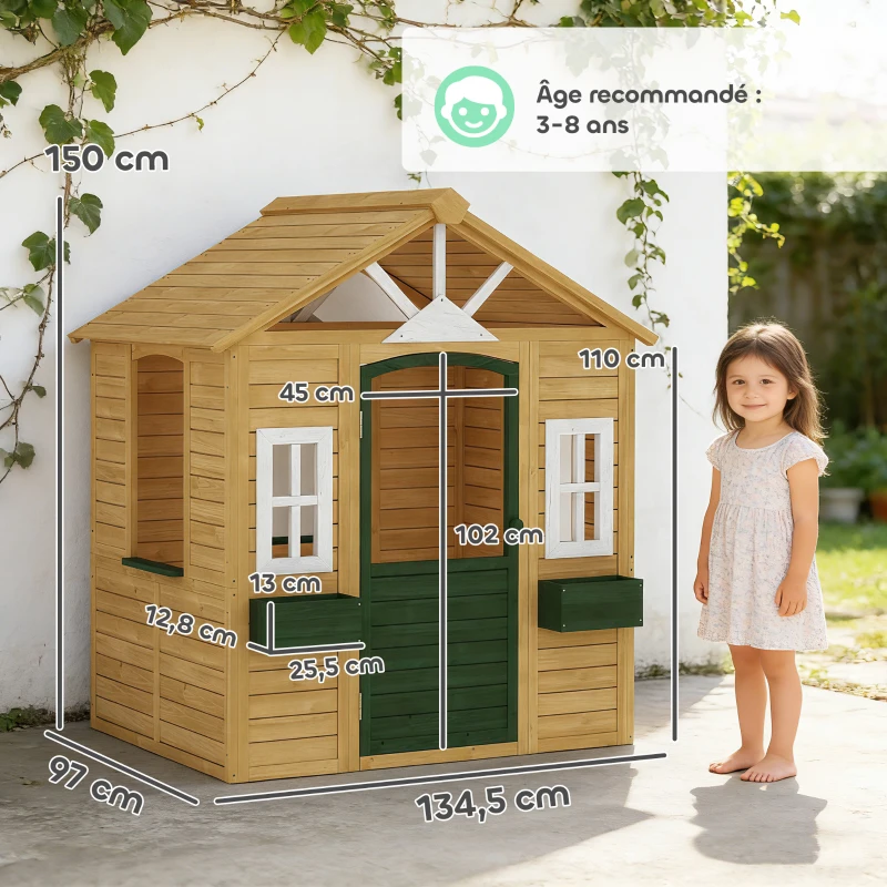 AIYAPLAY Cabane enfant extérieur en bois, maison enfant extérieure avec porte, fenêtres, 2 bacs à fleurs, 134,5x97x150cm, marron