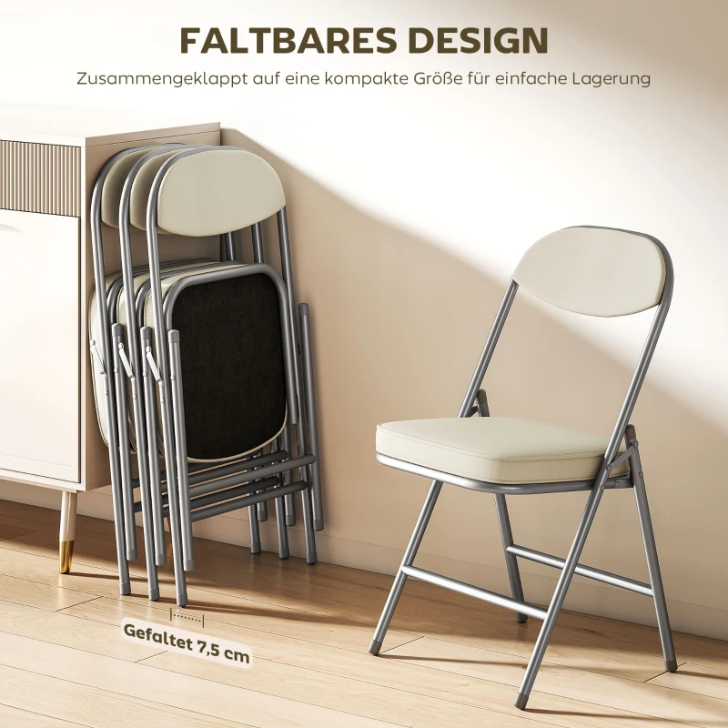 HOMCOM 4er-Set gepolsterte Klappstühle, Faltbare Stühle mit Cordbezug, Rückenlehne, Metallrahmen, Cremeweiß(m-5)