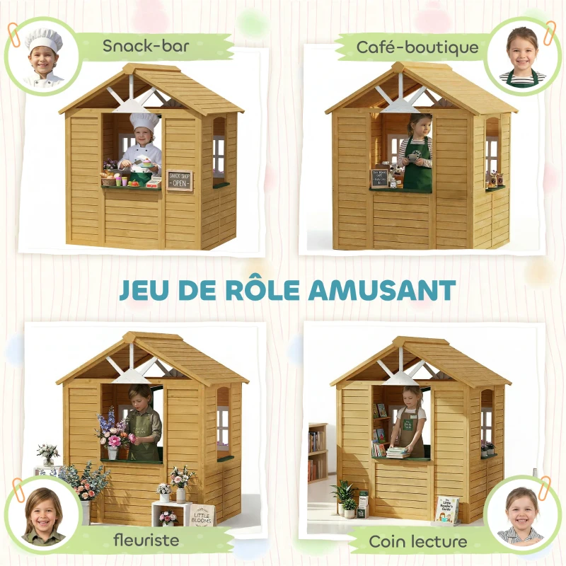 AIYAPLAY Cabane enfant extérieur en bois, maison enfant extérieure avec porte, fenêtres, 2 bacs à fleurs, 134,5x97x150cm, marron