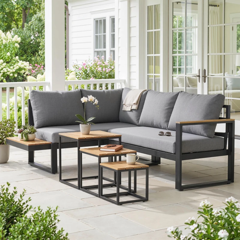 Outsunny Outdoorsitzgruppe 5-teiliges Loungemöbelsicht Gartenmöbelset, 148 cm x 61 cm x 71,5 cm, Grau + Natur