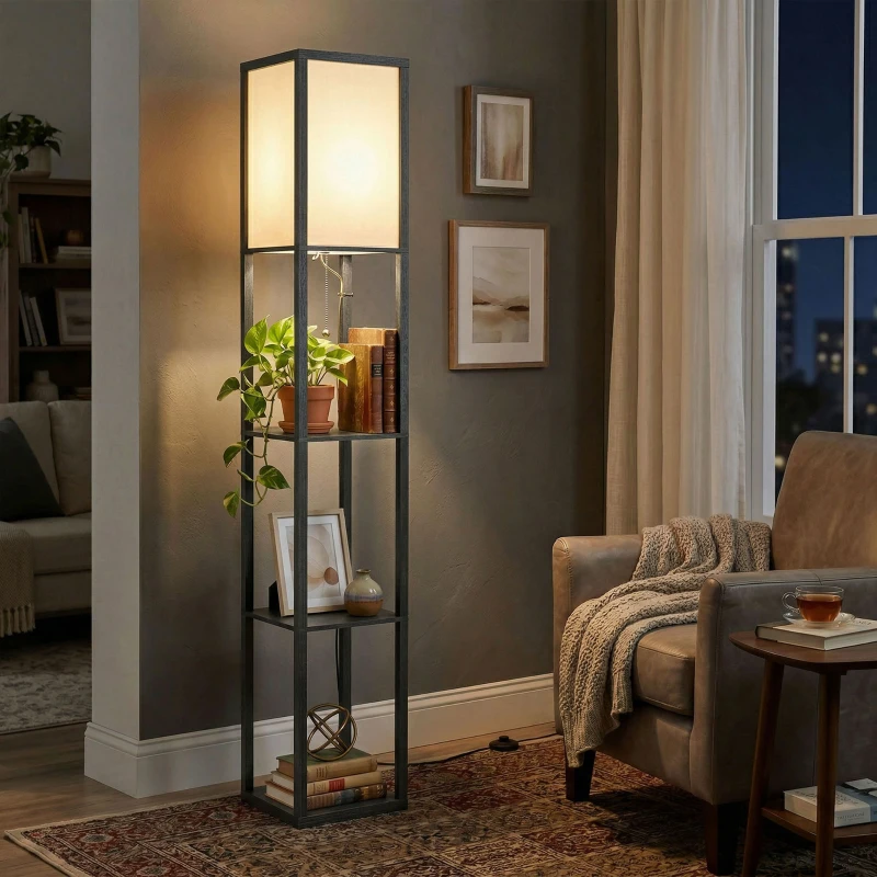 HOMCOM Floor Lamp with Shelves, 3 Layer Column Modern Standing Lamp for Living Room, Bedroom, Office, Black