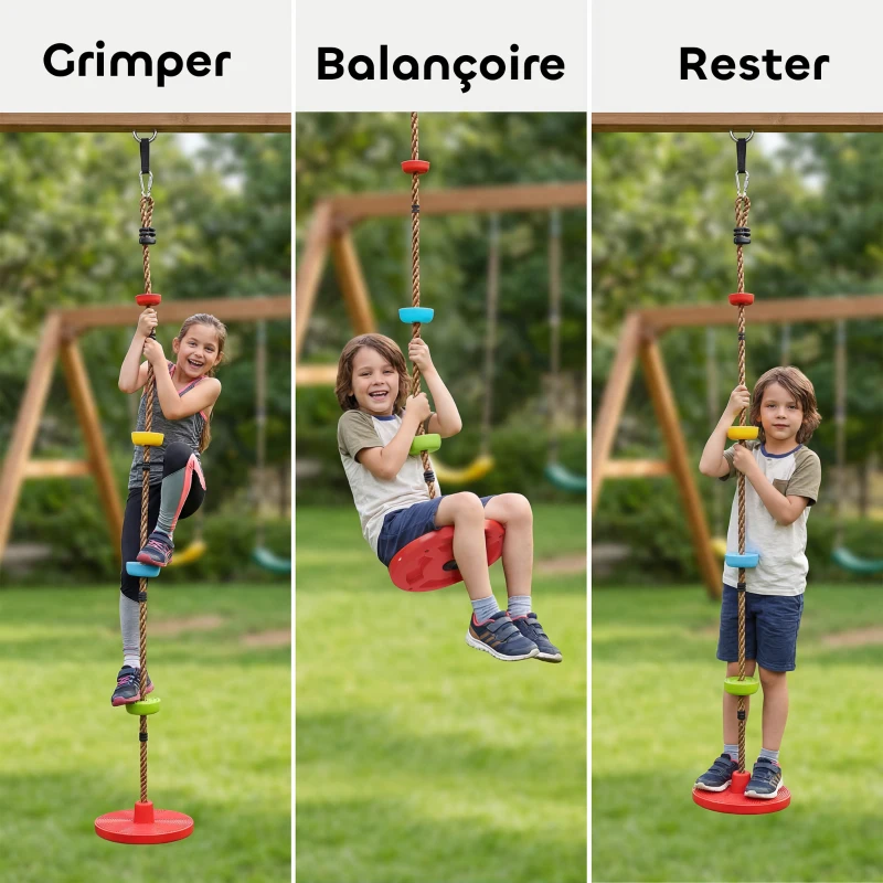 AIYAPLAY Corde d'escalade Balancoire 1,9 m, Balançoire Disque pour Enfants avec Plateforme, Sangle et Mousqueton, Rouge