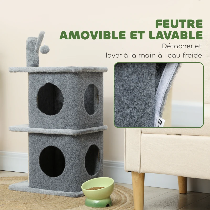 PawHut Arbre à chat à 3 niveaux tour pour chat 2 niches et surface de repos confortable, balle 43 x 33 x 80 cm gris foncé