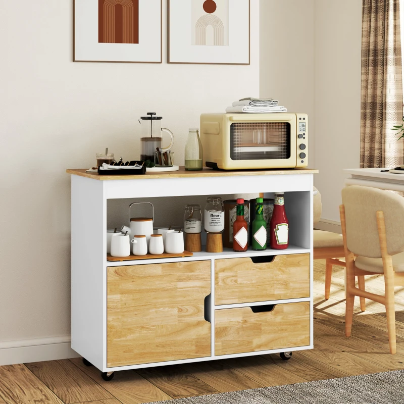 HOMCOM Carrinho de cozinha, ilha de cozinha móvel, trolley de cozinha com compartimentos, armário e bancada, branco