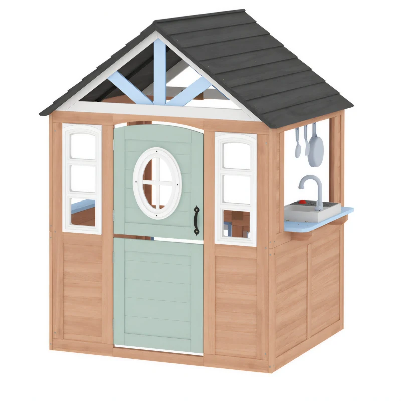 AIYAPLAY Wooden Playhouse for Kids, Wendy House with Pet Door, Play Kitchen, Half Door and Windows for Indoor Outdoor, Ages 2+