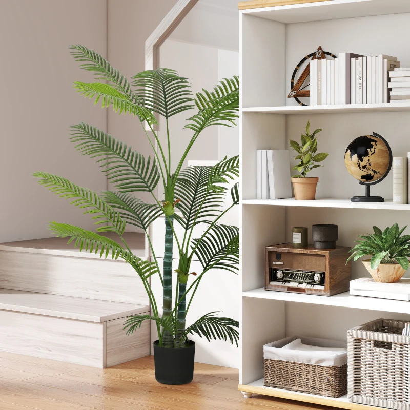 HOMCOM Palmeira Artificial com 16 folhas de plástico, planta artificial resistente a UV com vaso de plástico, para interior e exterior, verde