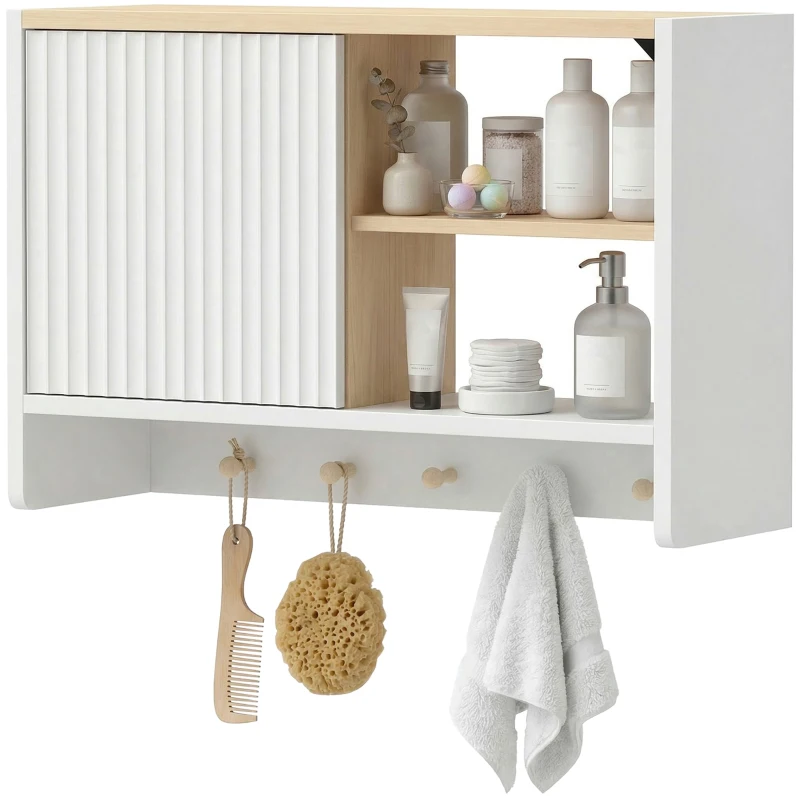 HOMCOM Armoire murale de salle de bain, meuble de rangement de salle de bains avec porte, étagères ouvertes et 5 crochets
