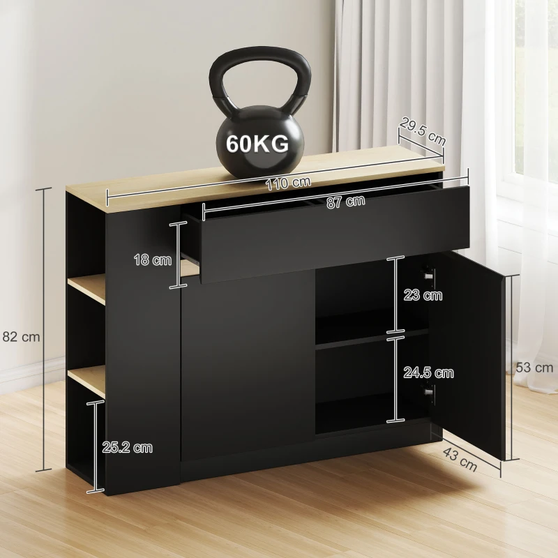 HOMCOM Kitchen Island, Storage Cabinet with Adjustable Shelf, 2 Drawers, 3 Open Shelves, Black