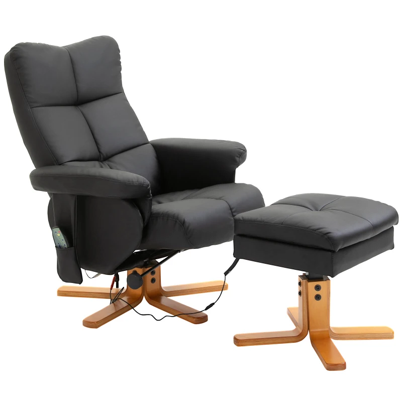 HOMCOM Poltrona de massagem com puff, Poltrona relax reclinável 145° com função de massagem, Espaço de arrumação, Couro sintético, 80 x 86 x 99 cm, Preto