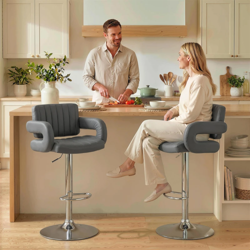 HOMCOM Bar Stools Adjustable Swivel Kitchen Chairs with Backrest Armrest Set of 2 PU Leather Grey