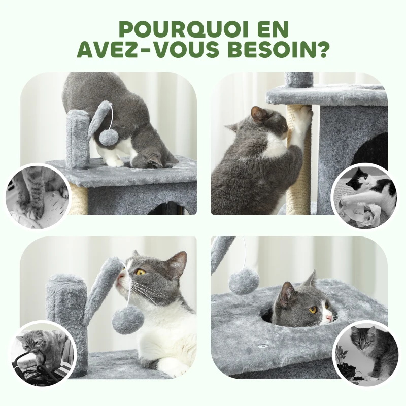 PawHut Arbre à chat à 3 niveaux tour pour chat 2 niches et surface de repos confortable, balle 43 x 33 x 80 cm gris foncé