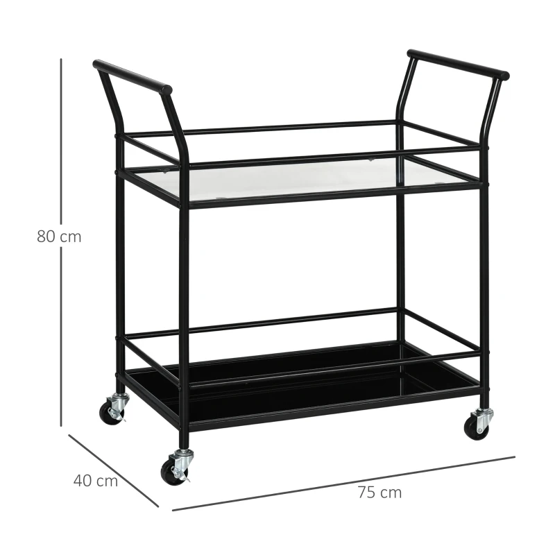 HOMCOM Carrinho de cozinha com 4 rodas, 2 prateleiras e pegas, 75 cm x 40 cm x 80 cm, preto