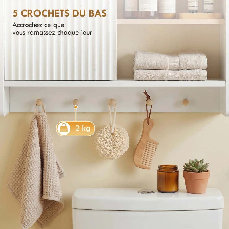HOMCOM Armoire murale de salle de bain, meuble de rangement de salle de bains avec porte, étagères ouvertes et 5 crochets