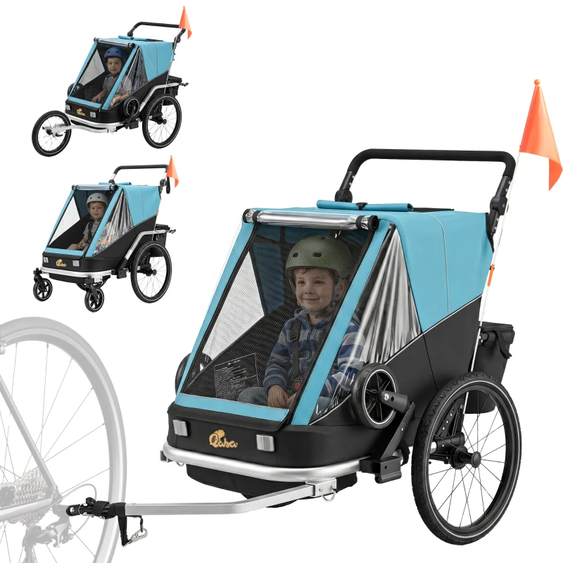 AIYAPLAY Fahrradanhänger für Kinder, 2-Sitzer, 2-in-1 faltbarer Kinderfahrradanhänger mit verstellbarem Sitz und Gurten, Blau