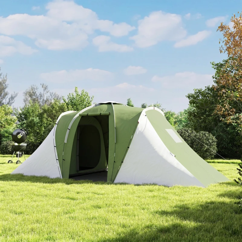 Outsunny Large Camping Tent Tunnel Tent with 2 Bedroom and Living Area, 2000mm Waterproof, Portable with Bag for 4-6 Man, Green