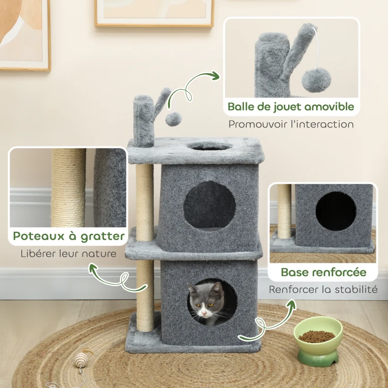PawHut Arbre à chat à 3 niveaux tour pour chat 2 niches et surface de repos confortable, balle 43 x 33 x 80 cm gris foncé