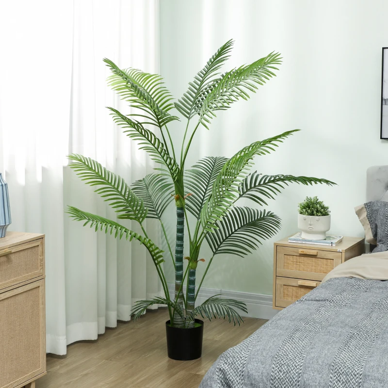 HOMCOM Palmeira Artificial com 16 folhas de plástico, planta artificial resistente a UV com vaso de plástico, para interior e exterior, verde