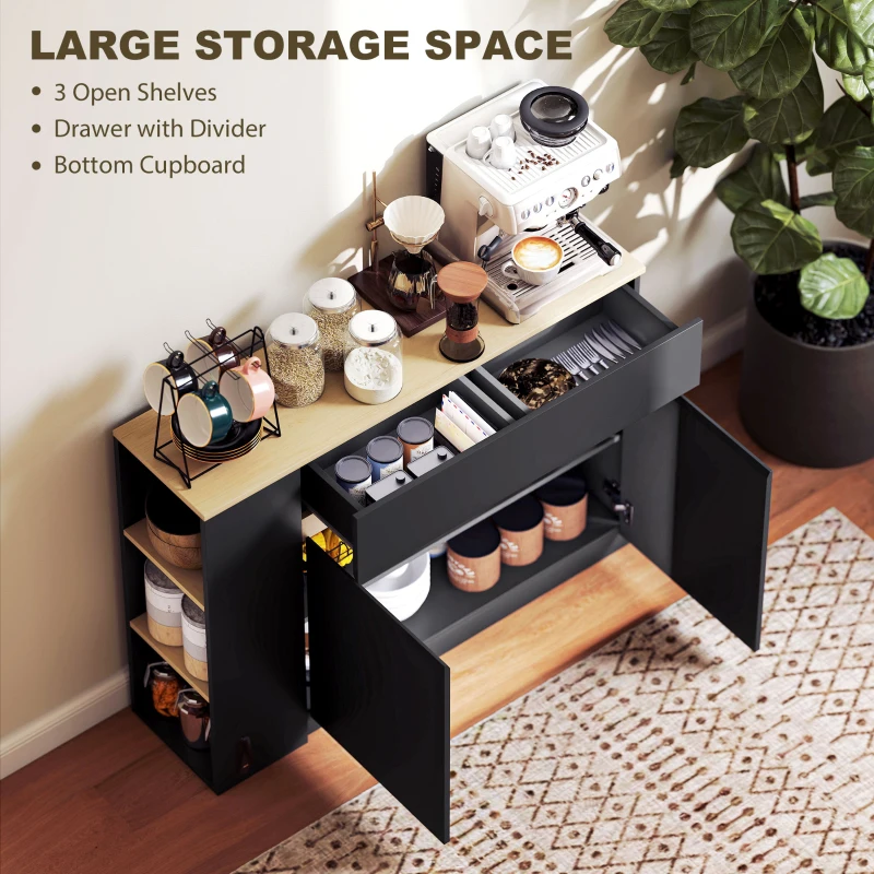 HOMCOM Kitchen Island, Storage Cabinet with Adjustable Shelf, 2 Drawers, 3 Open Shelves, Black