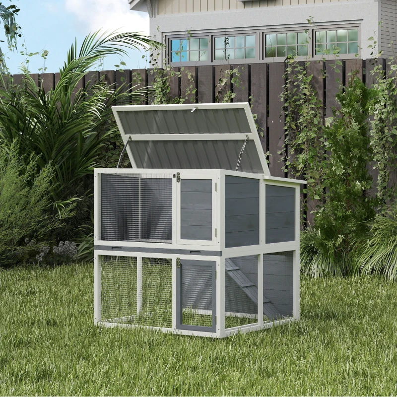 PawHut Clapier lapin extérieur cage à lapin 2 étages spacieux toit double ouverture plateau amovible 98x95x102,5cm gris