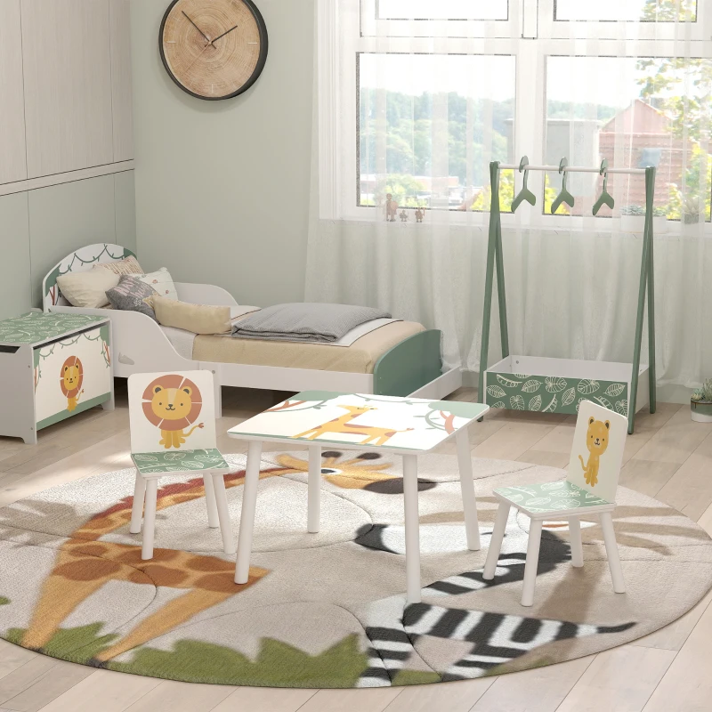AIYAPLAY Table enfant avec chaise, ensemble table et 2 chaises enfant en bois, motifs animaux, 60 x 60 x 44 cm, vert
